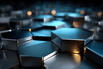 Poster - a modern abstract background featuring a geometric design of metallic hexagons, with a futuristic an