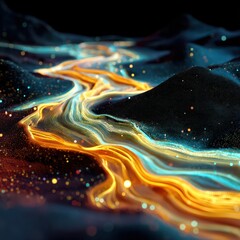 Poster - Abstract representation of digital data flowing through dark space, creating a vibrant and energetic landscape.