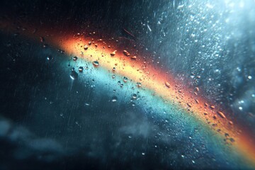 Poster - Colorful light dispersion captured through rain droplets on a window pane, creating a unique and captivating abstract art piece. Evokes feelings of wonder and mystery.