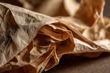 Poster - A close-up photograph of crumpled brown kraft paper, showcasing its textured surface, folds, and shadows for a natural and abstract paper background effect.