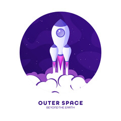 Wall Mural - Rocket launch, space futuristic colorful background with planets and stars. Cartoon starship, spaceship in night sky. Solar system, galaxy and universe exploration. Vector illustration