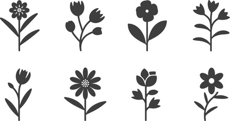 Wall Mural - a collection of eight simple black flower icons arranged in a rectangular grid on a white background