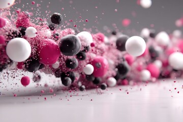Poster - Abstract floating spheres and particles in pink, black and white colors, providing a dynamic and visually interesting composition with a modern aesthetic design.