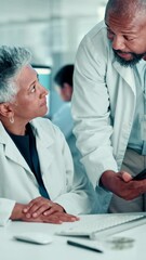 Poster - Scientist, man and woman with tablet, discussion or review at biochemistry lab with medical research. Mature people, digital touchscreen and app for results, feedback or plant sample for pharma drugs