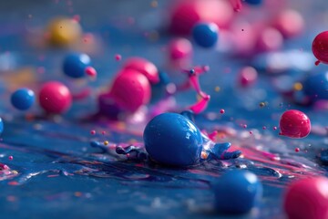 Poster - A dynamic splash of vibrant blue, pink, and gold paint creates an abstract artwork, bursting with energy and movement, showcasing a colorful explosion of creativity.