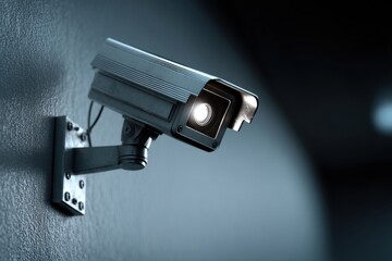 Poster - A close-up shot of a modern surveillance camera mounted on a wall, showcasing security technology and systems used for property and public safety monitoring.