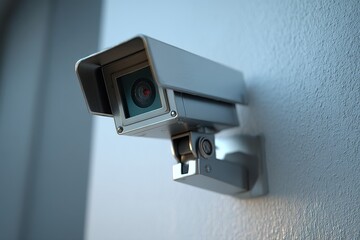 Poster - A close-up shot of a modern surveillance camera mounted on a textured wall, highlighting its security features and the importance of video monitoring for safety.
