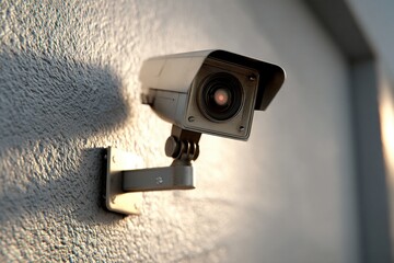 Poster - A close-up shot of an outdoor surveillance camera mounted on a textured concrete wall, providing security and monitoring of the surrounding area for crime prevention.