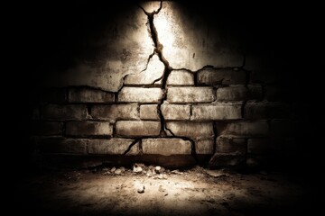Poster - An old damaged brick wall with a crack running through it, lit by a single light source, creating a dramatic and contrasting scene of decay and resilience.