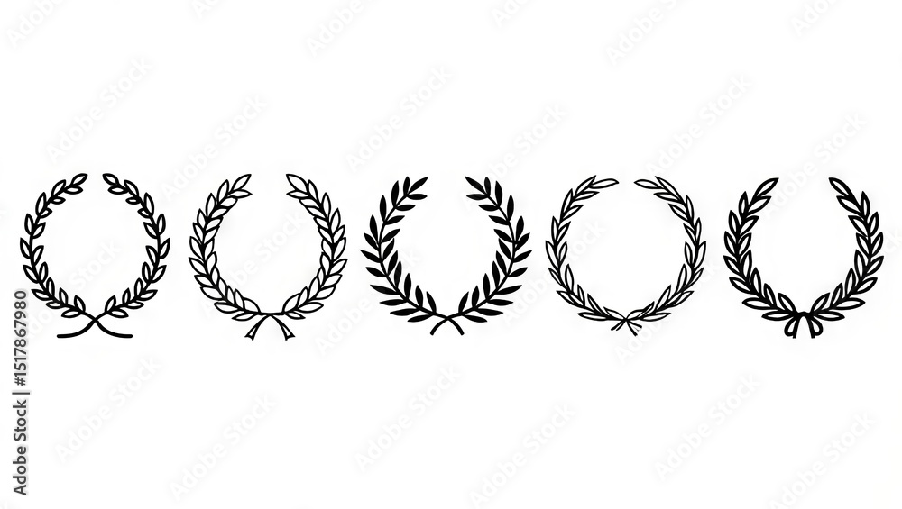 Five hand drawn laurel wreaths in various vector styles for design and ...