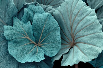 Poster - An artistic close-up of vibrant blue-green tropical leaves displaying intricate vein patterns, offering a serene and natural texture with a contemporary aesthetic touch.