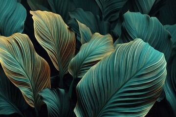 Poster - A captivating closeup of vibrant green and gold leaf patterns, displaying intricate details and creating a luxurious, natural, and artistic botanical design.