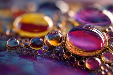 Poster - Macro photograph of colorful oil drops on water, showcasing artistic abstract background with vibrant purple, yellow, and blue hues creating a mesmerizing, iridescent texture.