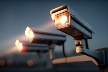 Poster - A surveillance camera system with multiple CCTV cameras, illuminated in the evening, monitoring an area, ensuring safety and security in a public or private space.
