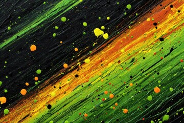 Poster - An abstract painting with vibrant strokes of green, yellow, and orange diagonally across a black background, with splashes of color and texture, creating a dynamic feel.