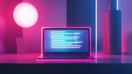Fototapete - Modern Coding Workspace with Neon Lit Laptop Displaying Programming Code Concept Scene