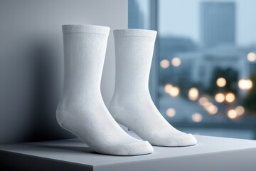 Poster - Two white socks are arranged on a sleek grey surface, with a blurred cityscape behind them, creating a clean and modern aesthetic for advertising.