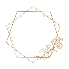 Wall Mural - golden polygonal frame with elegant ivy leaf decor. gold linear vector composition for wedding cards