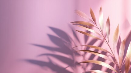 Poster - Elegant palm leaves casting shadows on a soft pink backdrop, creating a serene atmosphere