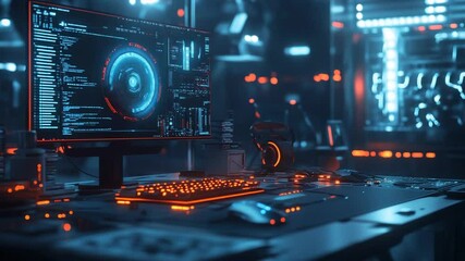 Fototapete - Immersive Cyberpunk Workspace with Advanced Tech and Coding Interface Displayed on Monitor