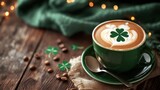 Emerald green coffee cup with clover latte art on a wooden table, beside a teal blanket