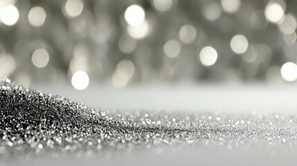 Poster - Close-up of shimmering silver particles scattered on a smooth surface with blurred background