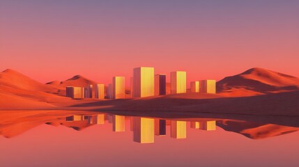 Wall Mural - modern skyscrapers reflecting in a serene desert oasis during sunset, showcasing tranquility