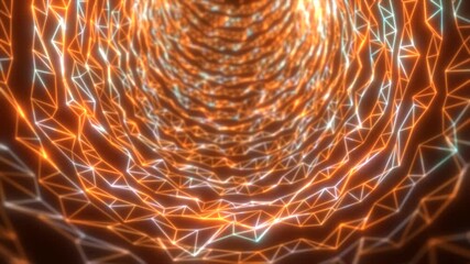 Poster - Glowing tunnel of orange light made of interconnected triangular digital lines, forming a vibrant energy vortex