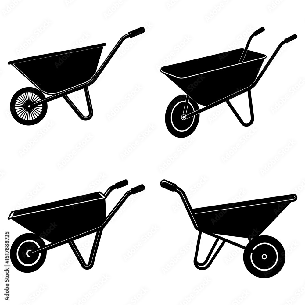 Illustration showing four different styles of wheelbarrows in black and ...