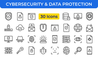 Poster - Cybersecurity and Data Protection Line Icons Set - Network Security, Privacy, and Digital Safety Outline Vector with Editable Stroke