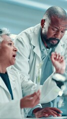 Poster - Scientist, team and plant with test tube in laboratory for botany, medical research and discussion. Chemist people, biotechnology and examine sample for pharmaceutical study or sustainable ecology