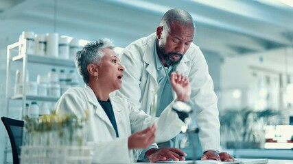Poster - Computer, plant and science with people in laboratory together for medical development. Healthcare, innovation and test tube with mature scientist team at work on clinical trial for research