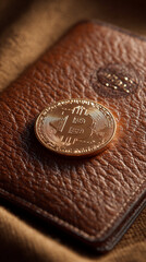 Poster - Golden Bitcoin on brown leather wallet, showcasing digital currency security and luxury investment concept