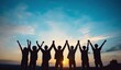 © koosy - Silhouette image of a group of people raising their hands, suitable for corporate annual meetings, team-building activities, and corporate culture promotion.