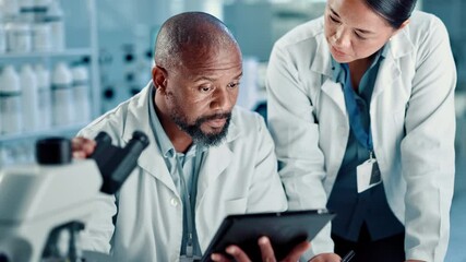 Aufkleber - Research, science and people in lab, tablet and microscope with teamwork, medical review and support. Employees, scientists and man with woman, biotech and chemistry with app and experiment results