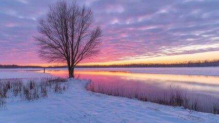Wall Mural - Winter sunrise over a frozen river, featuring a lone tree silhouetted against a vibrant pink and orange sky reflected in the still water.  Snow-covered banks line the tranquil scene