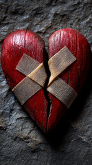 Poster - Broken wooden red heart mended with beige tape on dark gray background, symbolizing healing and resilience, perfect for Valentine's Day or relationship themes