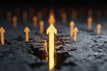 Poster - Glowing golden arrow rising from cracked ground, surrounded by smaller arrows, symbolizing growth, success, and overcoming obstacles