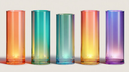 Poster - Five cylindrical glass vessels, gradient-colored, showcase a modern design, symbolizing purity, elegance and minimalism, perfect for product display or branding