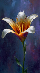 Poster - Close-up of a single lily, white petals with orange speckles, dew drops visible, against a textured dark blue background, showcasing elegance and natural beauty