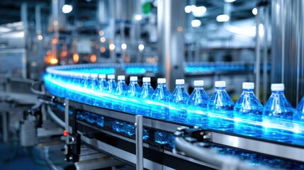 Poster - Bottled water production line in a modern factory with automated machinery and glowing conveyor
