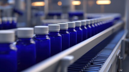 Poster - Production line showcasing blue bottles in a modern factory setting with blurred background
