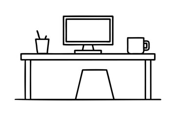 Fototapete - Simple desk setup minimalist workspace computer coffee cup pencils