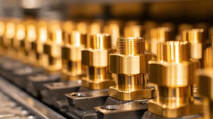 Poster - Close-up of precision-engineered brass fittings arranged in a factory setting highlighting production