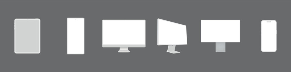Poster - Clay Modern Realistic Computer Monitor, Tablet, Smartphone Vector Illustration with White Screen on gray background