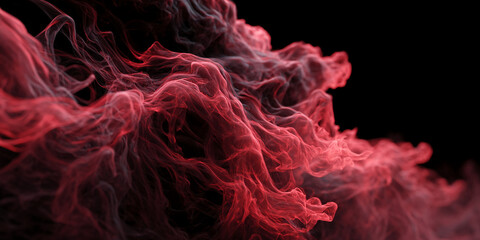 Poster - Abstract image of red and dark-gray smoke, swirling in dynamic patterns against a black background, suggesting movement, energy, or passion