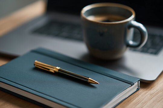 Dark-teal notebook, gold pen, coffee mug, laptop; symbolizes productivity, planning, workspace organization, and business efficiency
