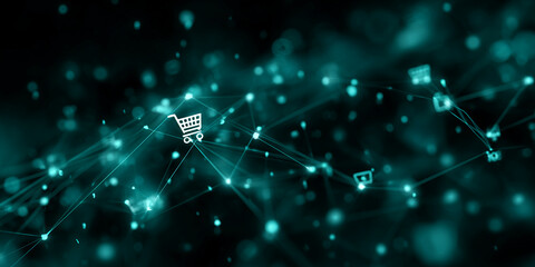 Poster - Abstract teal network with shopping cart icon, symbolizing online commerce, global connectivity, and digital marketplace
