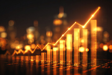 Poster - Golden bar graph rising against blurred city lights, showcasing financial growth and success, symbolizing upward trend and prosperity