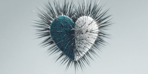 Poster - Heart-shaped abstract art, textured fur in teal and white, radiating sharp spines, symbolizes duality, contrast, Valentine's Day